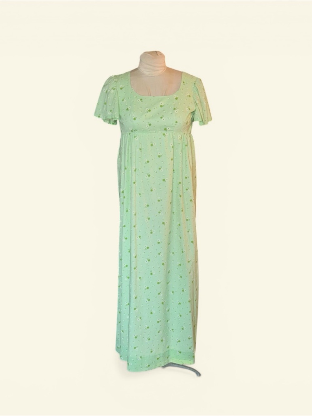Vintage 70s green prairie empire waist maxi dress white floral flocked Size S